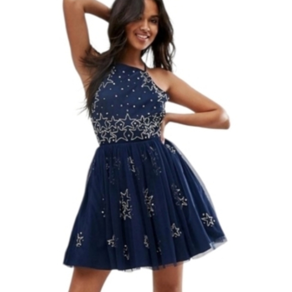 Women's ASOS Navy Blue Night Sky Silver Stars Dress Sz 6